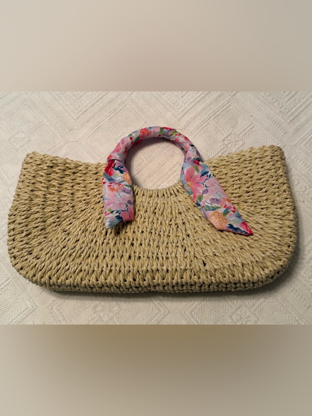 Tote - straw - scarf wrapped handles - small 15.5x3x8. Cute & perfect New NWT - Picture 2 of 12